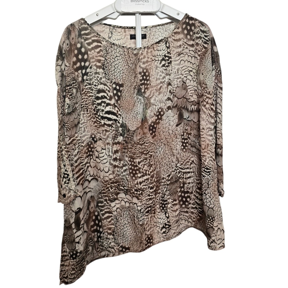 rag & bone Silk Tunic Blouse S Oversized Asym Hem Feather Print Sheer Womens